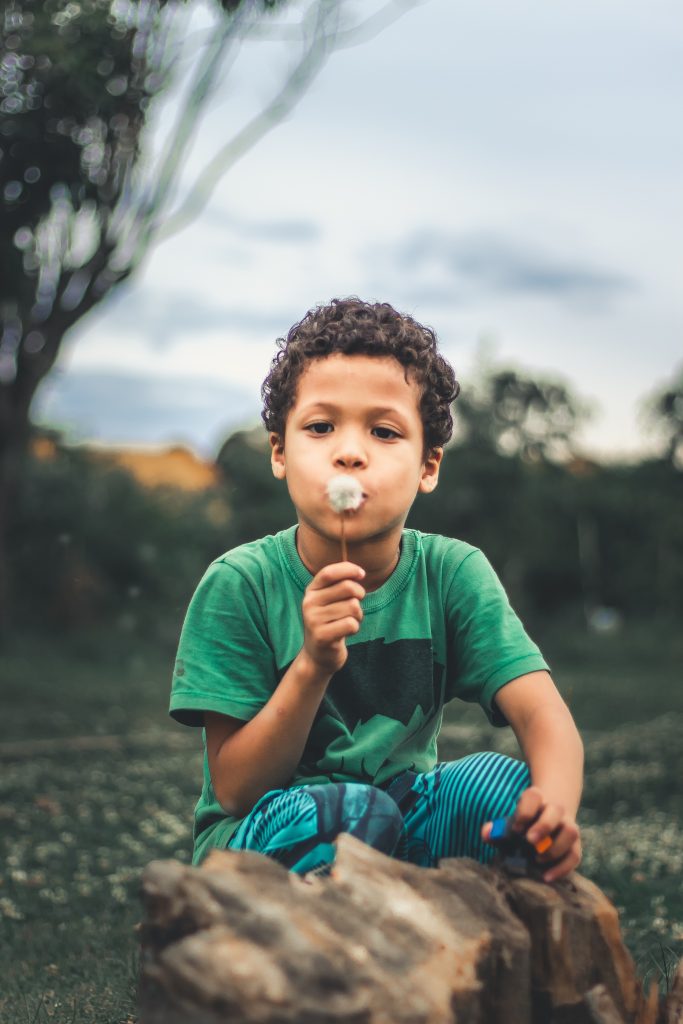 Boy blowing a dandelion