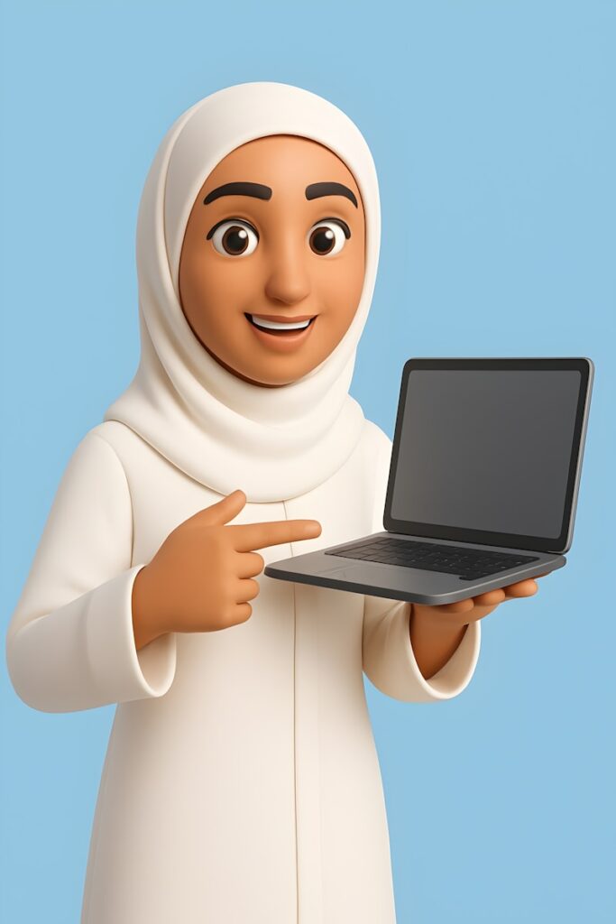 Woman in hijab points to a laptop computer
